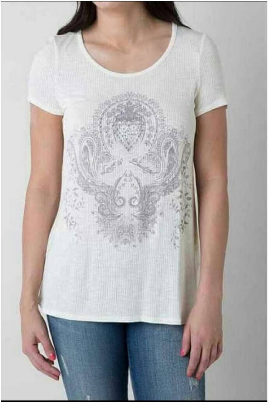 Daytrip Off White Fleur De Lis Fringe Rhinestone Short Sleeve Top Tunic Small
